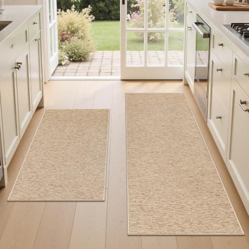 U'Artlines Kitchen Rugs and Mats Set of 2, Washable Non Slip Kitchen Rug, Low Pile Absorbent Woven Runner for Sink Laundry Room, 24x36 and 24x59inch, Oatmeal Beige