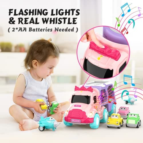 LASCOTON Toys for 1 2 3 Year Old Girl, 5-in-1 Carrier Truck for Toddler Girl, Friction Power Toy Cars with Light & Sound, Birthday Gifts, Pink - Thumbnail 2