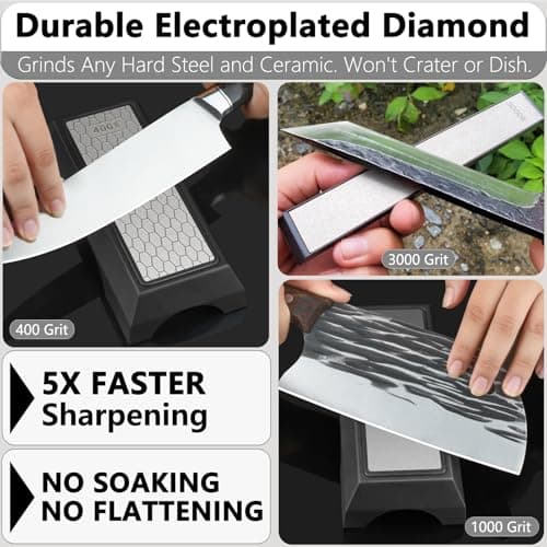 Diamond Sharpening Stone Set & Knife Sharpener Whetstone Kit, Double-Sided 400/1000 Grit Plate with Non-Slip Base & Angle Guide, Portable 3000 Grit Honing Tool for Kitchen Ceramic Knives - Thumbnail 3
