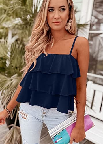 KIRUNDO Spaghetti Strap Ruffle Babydoll Peplum Tank Tops for Women 2026 Summer Cute Flowy Beach Vacation Cruise Outfits(Navy, X-Large) - Thumbnail 2