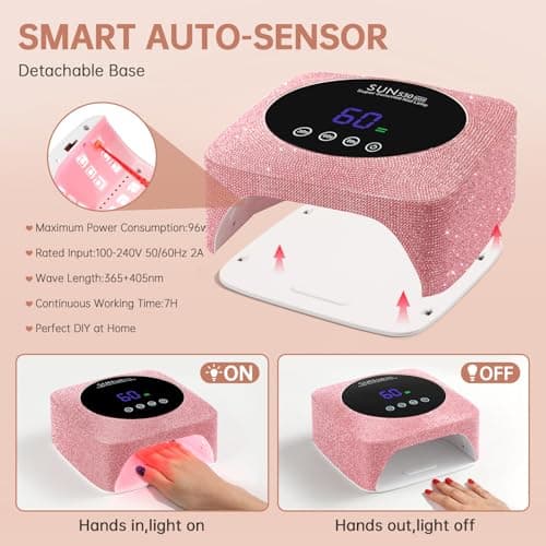 CHRISTINE SHELLY UV Nail Lamp 96W Rechargeable Gel Curing Lamp, Cordless Nail Dryer Gel Polish Light with Large LCD Display, with 3 Timer Setting Auto Sensor for Salon and Home (Pink Diamond) - Thumbnail 5