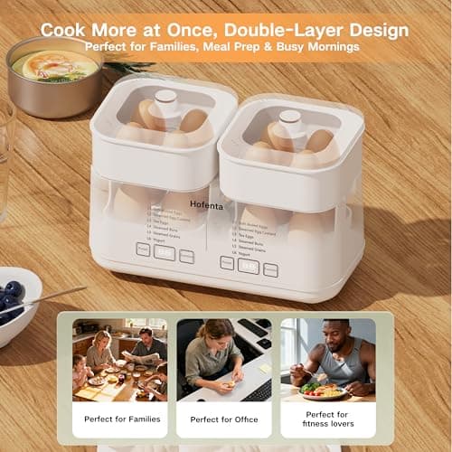 Hofenta Rapid Electric Egg Cooker for Hard Boiled Eggs,Egg Boiler with Timer(0.5-9.5H), Auto Shut-Off/2 Tiers, 16 Eggs Capacity,Egg Steamer for Soft/Hard/Poached Boiled Eggs - Thumbnail 4