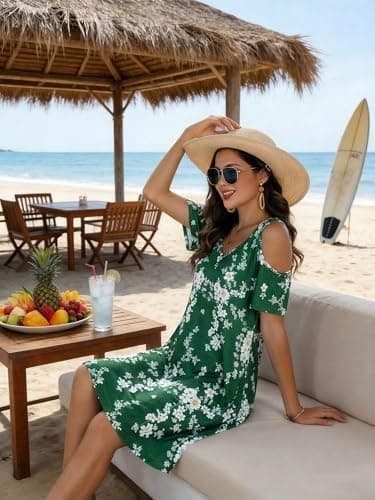 BLANCHES Plus Size Cold Shoulder Dress for Women Floral Print Off Shoulder V Neck Casual Boho Swing Dresses Ruffle A Line Vacation Elegant Mini Dress - Thumbnail 2