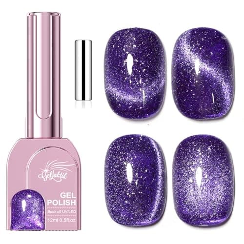 GELLAKTIK Purple Cat Eye Gel Nail Polish with Magnetic Stick - 12ML Glitter Magnetic Nail Polish for Multiple 3D Effects, Soak Off UV LED Gel Polish for DIY Manicure Salon Gifts for Women - Image 1