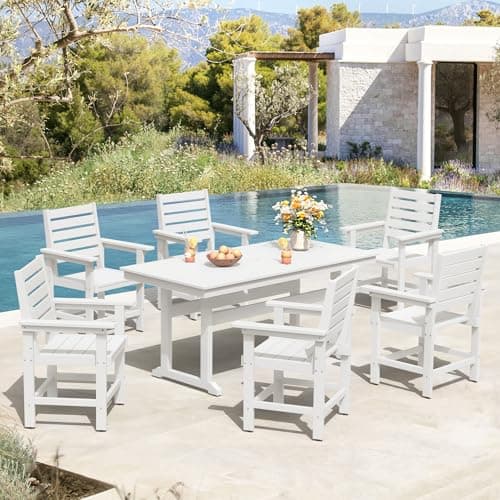 Homenjoy 7 Piece Patio Dining Set, 66" Rectangle HDPS Weather Resistant Outdoor Table & 6 Patio Chairs Set with 1.96" Umbrella Hole, Heavy Duty Chairs for Backyard Balcony Deck, White - Image 1