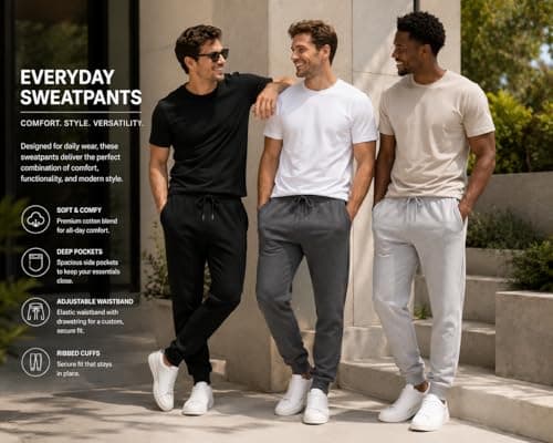 BROOKLYN'S BEST 3-Pack Men Jogger Pants - Sweatpants for Men with Pockets, Elastic Waistband, Cuffed Ankles, Active Fleece Athletic and Workout Pants - Black/Heather Charcoal/Heather Grey, Small - Thumbnail 6