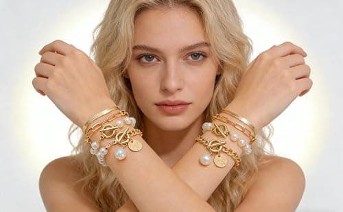 Alegend 14K Gold & Pearl Layered Bracelet Set - Freshwater Pearl, Paperclip Chain & Textured Cuff Stackable Bracelets - Thumbnail 5