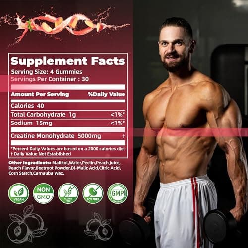 Creatine Monohydrate Gummies for Men & Women-5g of Creatine Monohydrate per Serving - Sugar Free,Vegan, Peach Flavor, 120 Count - Thumbnail 2