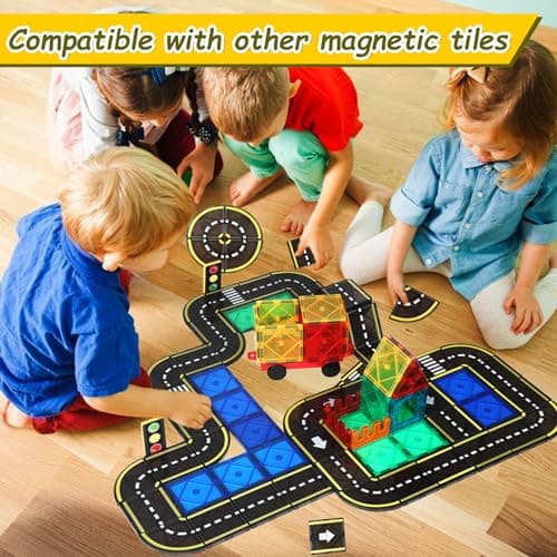 BENOKER Magnetic Tiles Road Set, STEM Magnet Building Blocks for Toddler Kids, Montessori Educational Toy Gifts for 3+ Year Old Boys & Girls - Thumbnail 3