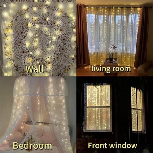 300LED Fairy Curtain Lights, 9.8x9.8Ft Warm White USB Plug in 8 Modes & Timer Christmas String Hanging Lights with Remote for Bedroom Indoor Outdoor Weddings Party Wall Decorations(Warm White) - Thumbnail 3