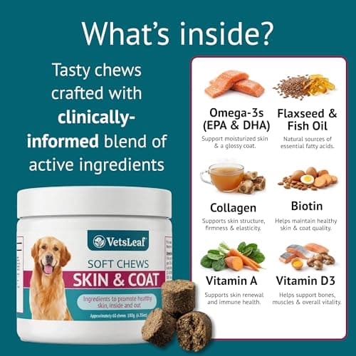 VetsLeaf Skin & Coat Dog Chews – Collagen, Omega-3, EPA & DHA for Skin Health & Coat Shine – Antioxidant-Rich Supplement with Vitamin A & D3 – Supports Brain, Energy, and Balanced Blood Sugar - Thumbnail 3