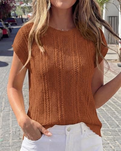 KIRUNDO Crochet Tops for Women Cap Short Sleeve Sweater Vest 2026 Spring Summer Cable Knit Pullover Beach Vacation Outfits(Caramel, Small) - Thumbnail 2