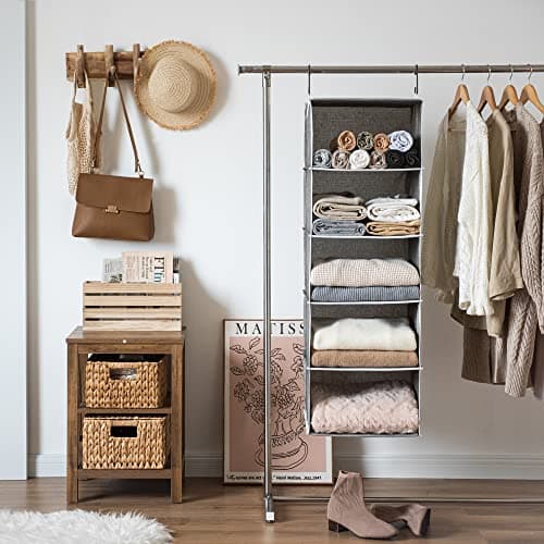 StorageWorks 5-Shelf Hanging Shelves for Closet, Foldable Hanging Closet Organizers with 2 Side Pockets, Portable Clothes Organizers for Bedroom, Wardrobe, 12 1⁄2" D x 15" W x 48" H, Gray - Thumbnail 2