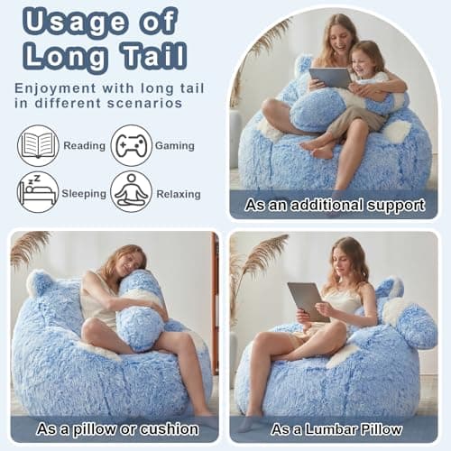EBENCHICO Giant Bean Bag Chair for Adults Teens, Raccoon Shaped Faux Fur Bean Bag Sofa with Filler, Plush Beanbag Couch with Tail Pillow for Gaming, Reading, Bedroom, Dorm - Thumbnail 4