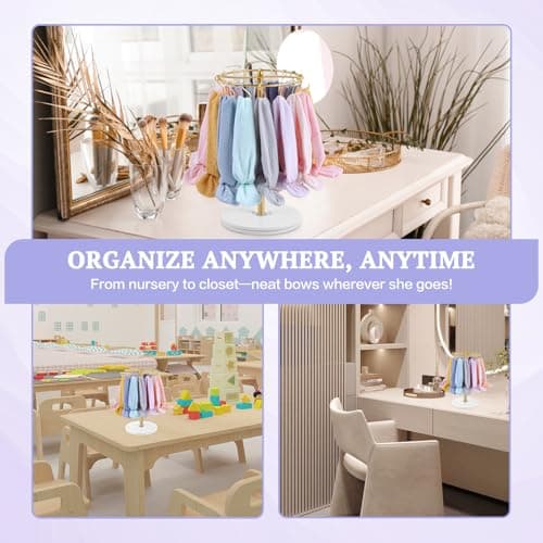 Planetgreen 360° Rotating Headband Holder for Baby Girls - Gold Hair Bow Organizer Display Stand with 30 Hooks - Spinning Hair Accessories Storage Rack for Nursery Room, Dresser & Vanity Table - Thumbnail 6
