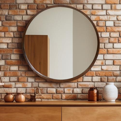 FRUMENSHIP Round Wood Frame Mirror 28 Inch, Brown Wall Circle Mirror for Bathroom, Nursery, and Wall Decor - Image 1