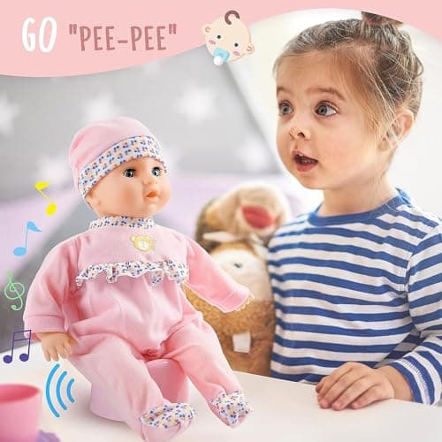 SMILESSKIDDO Interactive Baby Doll Pink - 16 Inch Crying Talking Feeding Dolls with Different Sounds and Accessories, Pretend Play Preschool Toys for 2 3 4 5+ Year Old Girls Boys Gift - Thumbnail 2
