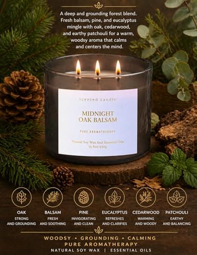 Midnight Oak Balsam 3-Wick Scented Candle | Balsam & Cedar Forest Aromatherapy Candle for Home | 15.8 oz Large Calming Soy Candle | Clean Burn, Long Lasting | Gift for Men & Women - Thumbnail 2