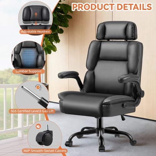 janiry Comfortable Office Chair,Executive Leather Computer Chair with Lumbar Support,Adjustable Height & Armrests,Black - Thumbnail 4