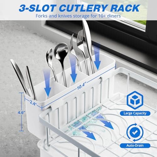 Godboat Dish Drying Rack, 2-Tier Dish Rack with Auto-Drain & Mat, Dish Racks for Kitchen Counter, Dish Drainer with Knife, Fork & Cup Rack, Gifts for Women, Mothers Day, Kitchen Gadgets, White - Thumbnail 5