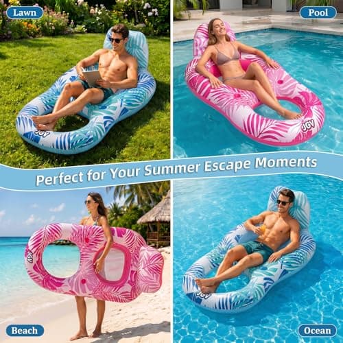 JGV Pool Floats Lounger, 2-Pack Inflatable Chair Lounger Floaties with Drink Holder, Inflatables Water Floating Rafts for Swimming Pool Tanning, Pool Party, Summertime Beach Outdoor - Multicolor - Thumbnail 5