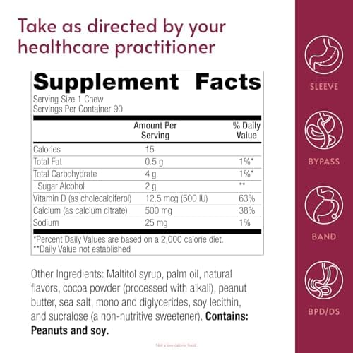 Bariatric Advantage Calcium Citrate Chewy Bites 500 mg - Highly Absorbable & Digestible - Vitamin D3 - Easily Chewable Calcium Supplement - Peanut Butter Chocolate - 90 Count - Thumbnail 4