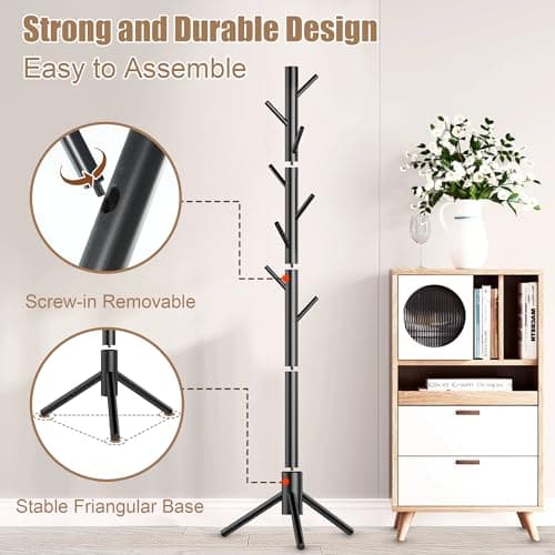 Aliphon Wooden Coat Rack Stand, Freestanding Coat Rack with 8 Hooks, 3 Adjustable Size Coat Tree for Hats, Coats, Scarves bags, Coat Hanger Stand Used in Bedroom/Office/Entryway,2 PCS (Black) - Thumbnail 5