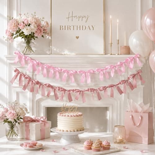 Pink Bow Garland Banner Coquette Birthday Party Decorations, 5.9FT Satin Bow Banner Decorations for Baptism Gift Daughter Nursery Baby Bridal Shower Wedding Favors Engagement Party Supplies - Thumbnail 4