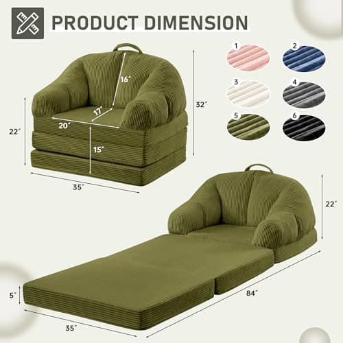 wanan Folding Sofa Bed, 3-in-1 Convertible Boneless Couch with Handle, Floor Lounger & Sleeper Chair for Adults, Comfy Folding Couch Single Sofa for Living Room Bedroom, Green - Thumbnail 3