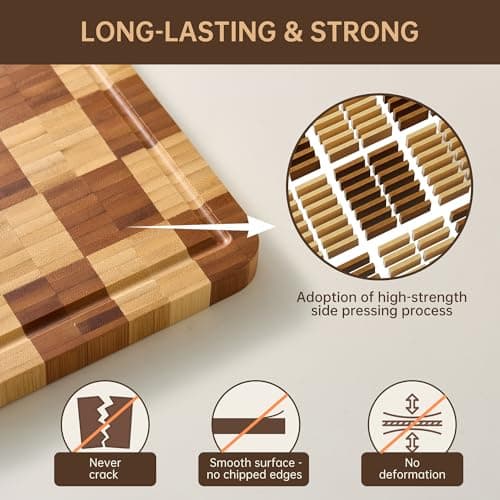 Bamboo Cutting Boards for Kitchen, End Grain Wood Cutting Board with Juice Grooves & Handles, Charcuterie Checkered Chopping Board Thick Butcher Block Serving Tray with Gift Box, 16.4"×11.5"× 1" - Thumbnail 3