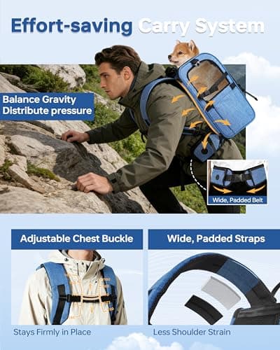 Hiking Dog Carrier Backpack, Padded Height-Enhancing Design, Adjustable Waist Cushioning Belt with Breathable Padded Back Support, Dog Carrier Backpack for Small Dogs Max 13LB Blue with Pad - Thumbnail 2