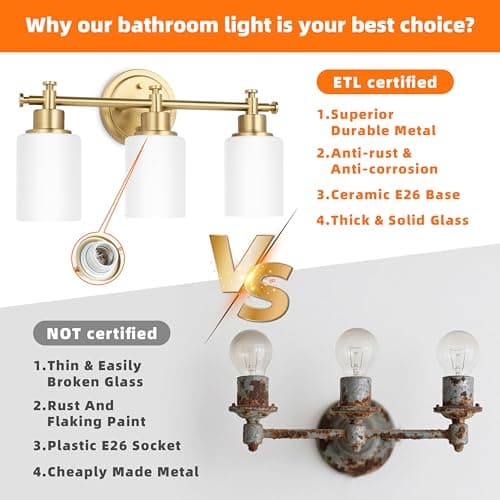 imizdlum 3-Light Gold Bathroom Vanity Light Fixtures, Brushed Gold Wall Sconce, Champagne Gold Vanity Light with Milky White Glass Shade Over Mirror, Bathroom, Bedroom, Modern Style, E26 Base - Thumbnail 2