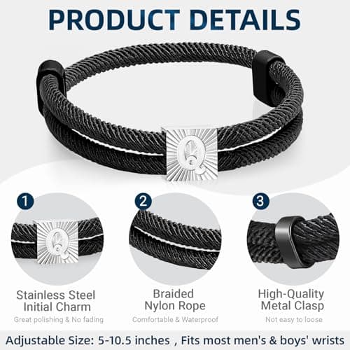 Rope Initial Bracelet for Men, A-Z Letter Black Nautical Braided Rope Bracelets with Initial, Adjustable Metal Knot Handmade Mens Bracelet Jewelry Gift for Him Boyfriend Husband, 5-10.5 Inches - Thumbnail 5