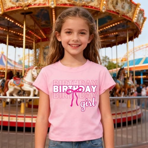 IsPICK Birthday Shirt Girl Birthday Girl Letter Print T-Shirt 4-12 Year Toddler Kids Bow 4th 5th Short Sleeve Tees Pink - Thumbnail 2