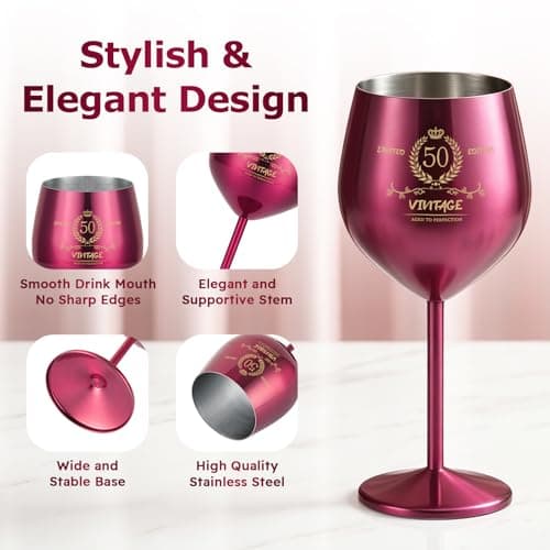 TJ 50th Birthday Gifts for Women Vintage Engraved Wine Glass 50th Birthday Stainless Steel Wine Glass Birthday Decorations For Women, 50 Year Old Birthday Gifts for Sister Friends Wife Aunt, Hot Pink - Thumbnail 2