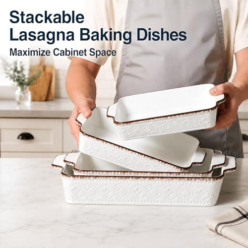 ONEMORE Casserole Dishes for Oven, Ceramic Baking Dish Set of 4, Non-Stick Lasagna Pans with Handles, Rectangular Bakeware Set for Cake, Roasting, Broiling, Gratin, Banquet, Microwave & Dishwasher Safe(3.8/2.6/1.7/1.1 Qt) (White 01) - Thumbnail 5