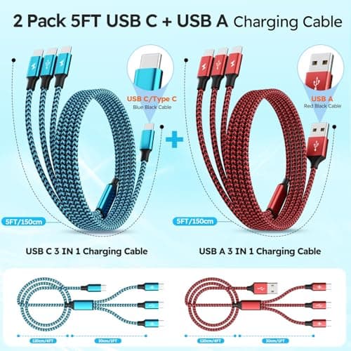 USBC Charger Cable, USB A/C to USB C Multi Charging Cable, Charger Cord Type C [2Pack 5Ft], 3 in 1 Multi Charger Cord, USB C Cable with 3 Type-C Connectors for iPhone 17/16/15, Galaxy S24/23, iPad - Thumbnail 2