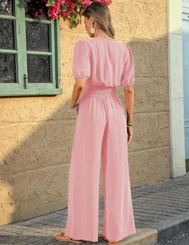 LOOKBOHO Womens Jumpsuits Dressy Puff Smocked High Waist Short Sleeves Wide Leg Rompers Formal V Neck One Piece Pink XXL - Thumbnail 3