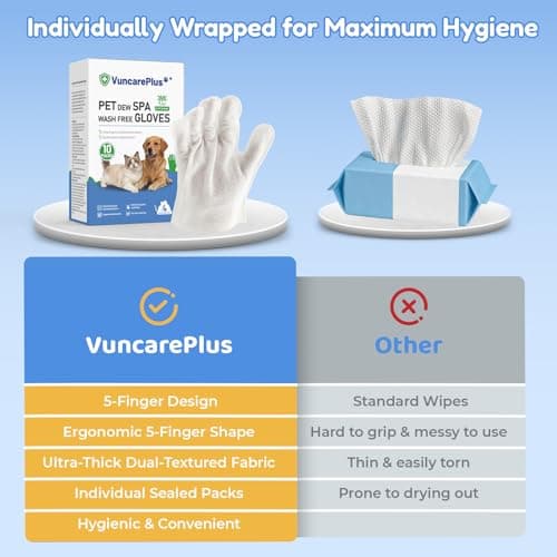 VUNCAREPLUS Pet Hydrosol SPA Glove Wipes, 10 Individually Wrapped Packs, No Rinse Dog & Cat Grooming Wipes, Deodorizing Waterless Pet Cleaning Gloves with Jojoba Oil & Olive Oil for Travel & Home - Thumbnail 6