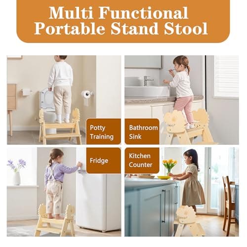 TinyHaven Wooden Toddler Step Stool, 2-Step Foldable Stool for Kids with Non-Slip Surface, Baby Bathroom Stool for Potty Training, Bathroom Sink, Kitchen Counter with Cute Dinosaur Design, Natural - Thumbnail 6