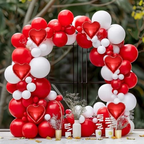 Red White Balloon Garland Arch Kit, 160Pcs Red and White Balloons with Heart Foil Balloons for Romantic Wedding Birthday Party Bridal Shower Valentines Day Decorations - Thumbnail 3