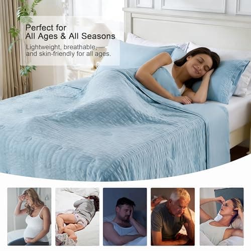 Fuzzysense Seersucker Cooling Comforter Twin XL/Twin, Q-Max 0.4 Lightweight Reversible Summer Blanket for Hot Sleepers, Breathable Dorm Bedding for College, Sky Blue - Thumbnail 4
