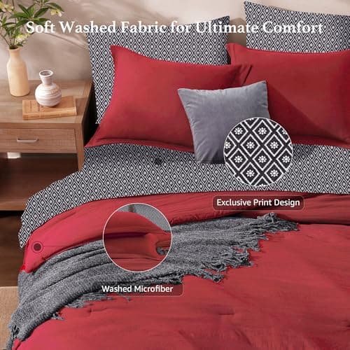 Monbix Queen Comforter Set - 7 Pieces Bright Red Prewashed Bed in a Bag Queen Bedding Sets with Comforters, All Seasons Ultra Soft Comforter Bed Set with Sheets, Pillowcases & Shams - Thumbnail 4