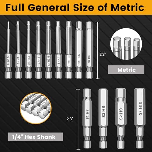 MulWark Hex Head Allen Wrench Drill Bit Set 13pcs Precision Metric S2 Steel – Magnetic Bits with Corrosion Resistance 1/4" Allen Key Bit Set - Thumbnail 3