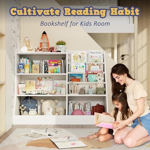 IKALIFE 39" Large Kids Wooden Bookshelf and Toy Storage Organizer, Baby Bookcase with Sling Book Rack, Children Toddler Wooden Book Shelf for Kids Rooms, Playroom, Classroom, Nursery, School (White) - Thumbnail 4
