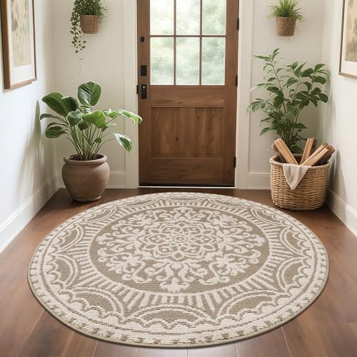U'Artlines 4ft Round Area Rug Non Slip Low Pile Circle Floor Mat Beige - Thumbnail 2