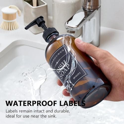 Soap Dispenser Set – 16oz Refillable Amber Glass Bottles with Brush Holder, Dish Scrub, Diatomite Tray, 12 Waterproof Labels – Brown Non-Slip Base for Home Upgrade, Rustic Farmhouse Style (Set of 6) - Thumbnail 3