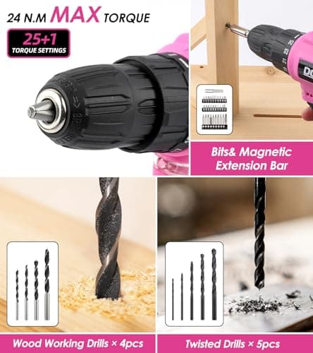 DOWELL 147 Pcs Pink Tool Kit with 12V Cordless Drill with 3/8" Keyless Chuck for Women, Home, Men, Built-in LED, Type-C Charge Cable - Thumbnail 5