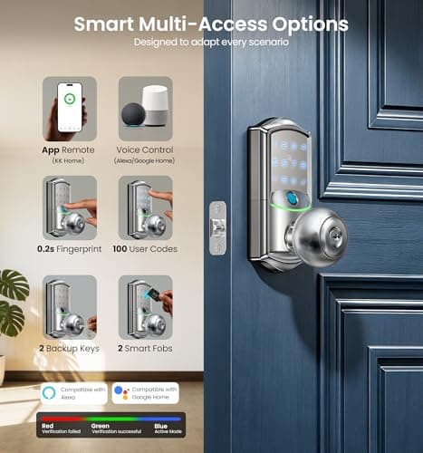 Veise VE028 Built-in Wi-Fi Smart Lock with Knob, Fingerprint Keyless Entry with Handle, App Remote & Voice Control, Electronic Digital Keypad for Front Door and Bedroom, IP65 Waterproof, Satin Nickel - Thumbnail 3