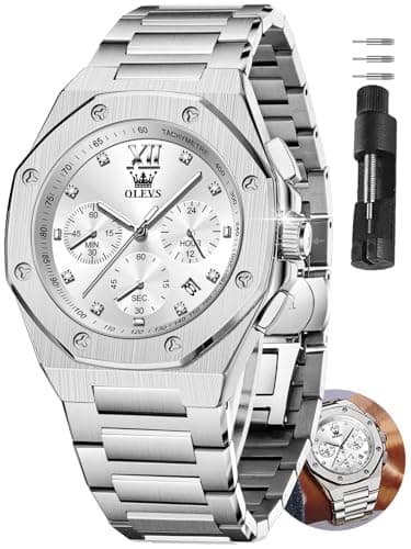 OLEVS Silver Mens Watches 3ATM Waterproof Stainless Steel Chronograph Watch for Men Classic Business 21CM Chain Length Suitable for Man Versatile Dress Style for Formal Events or Casual Outfits - Image 1